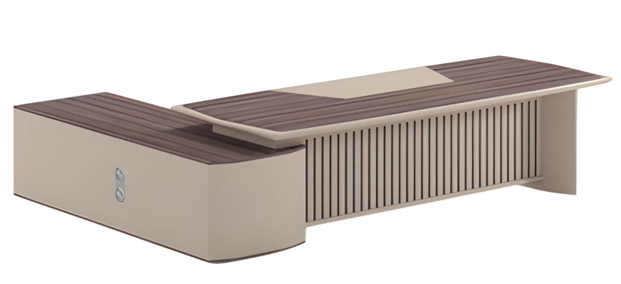 Moderno bež pisalno mizo z lesnim učinkom in veliko površino