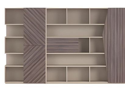 Moderen sistem za shranjevanje z lesnim učinkom v bež in rjavi, odprta omara z predali