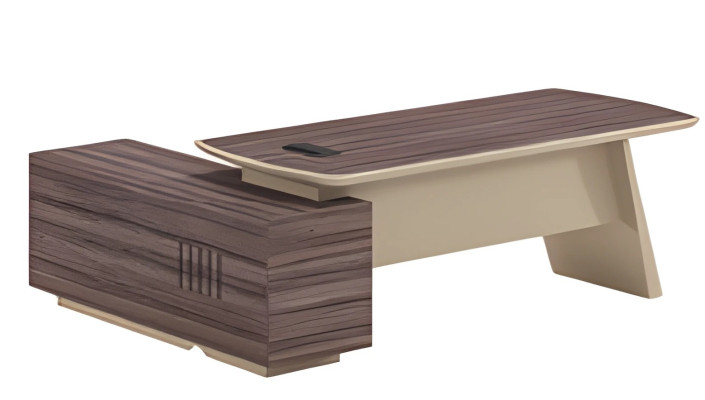 Moderna pisalna miza z videzom hrasta in rjavega lesa, plošča in ena predal