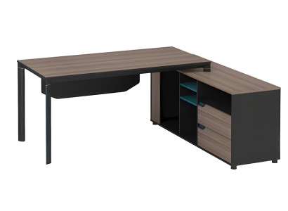 Moderna kotna miza iz temnega lesa z policami in predali