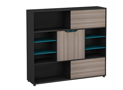 Moderna omara, rjava in črna, z vrati in policami, modra, za pisarno