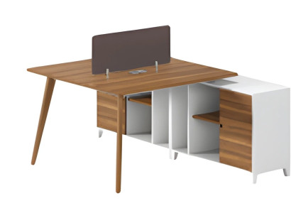 Moderna pisalna miza z policami in elegantnim predelnikom