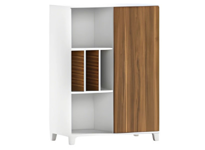 Moderna bela omara z odprtimi policami in elegantnimi vrati