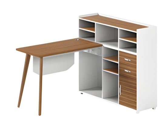 Lesena miza Balta z shrambo, odprtimi predali in elegantnimi nogami