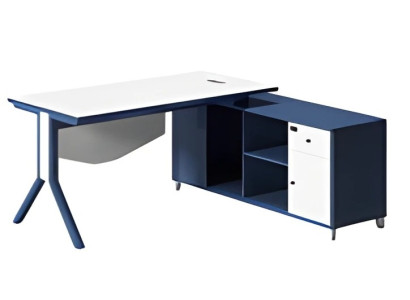 Eleganten miza z belo ploščo in modrim shranjevanjem