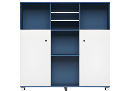 Moderna modra in bela namizna svetilka z odprtimi policami in zaprtimi vrati