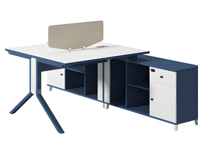 Belo in črno pisarniško mizo z predalom, prostorom za shranjevanje in modernimi kovinskimi nogami