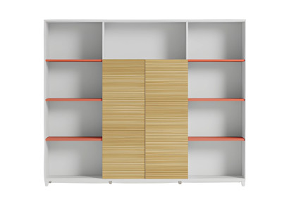 Elegant namizna svetilka z lesenimi policami in oranžnimi poudarki