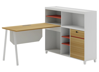 Moderna bela kotna miza s shrambo in oranžnimi policami