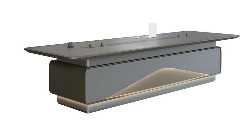 Luksuzna siva konferenčna miza z LED osvetlitvijo in upravljanjem kablov