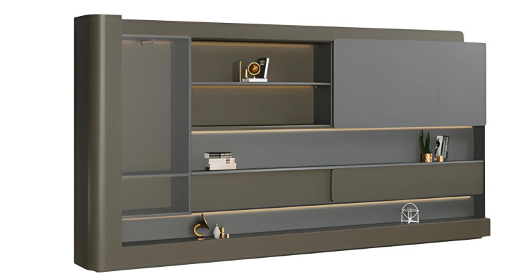 Moderna črna pisarniška omara z sivo LED osvetlitvijo in prostorom za shranjevanje