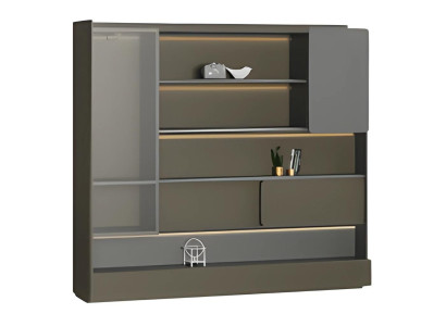 Moderna črna pisalna miza z sivo LED osvetlitvijo in prostorom za shranjevanje