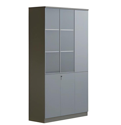 Moderna siva pisarniška omara z steklenimi vrati, z ključavnico, veliko shranjevanje