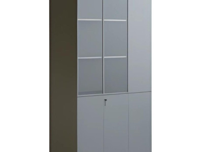 Moderna siva pisarniška omara z steklenimi vrati, z ključavnico, veliko shranjevanje