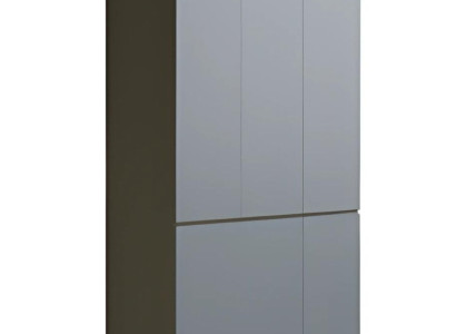 Moderna siva pisarniška omara brez ročajev, visoka, z prostorom za shranjevanje, v preprostem slogu