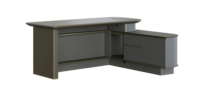 Moderna siva kotna miza z shrambo in elegantnimi prehodi za kable