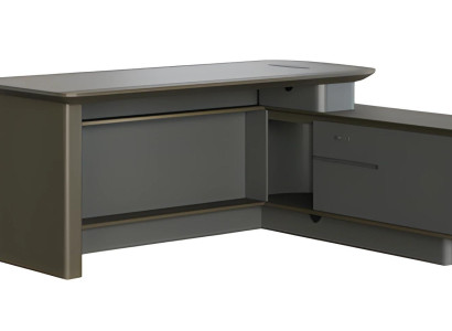 Moderna siva kotna miza z shrambo in elegantnimi prehodi za kable