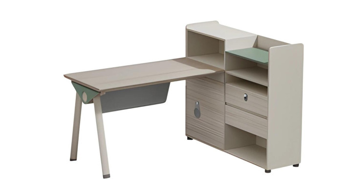 Moderna siva bež pisalna miza s shrambo, površino, predali in stekleno ključavnico