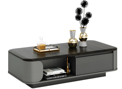 Moderna kavna miza z elegantnim dizajnom in črno ploščo, plus odprte police