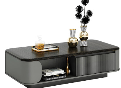 Moderna kavna miza z elegantnim dizajnom in črno ploščo, plus odprte police