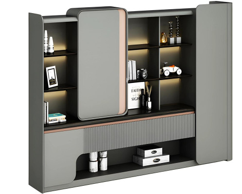 Moderna avokadna miza z odprtimi policami in preprosto ter elegantno osvetlitvijo v sivi barvi