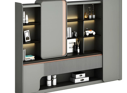 Moderna avokadna miza z odprtimi policami in preprosto ter elegantno osvetlitvijo v sivi barvi