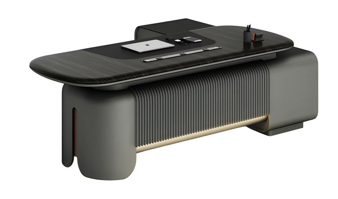 Moderna pisalna miza z elegantnim dizajnom in črno površino, osvetlitev