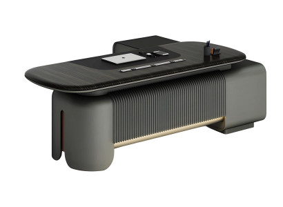 Moderna pisalna miza z elegantnim dizajnom in črno površino, osvetlitev