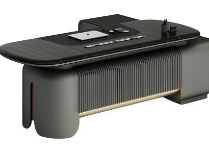 Moderna pisalna miza z elegantnim dizajnom in črno površino, osvetlitev