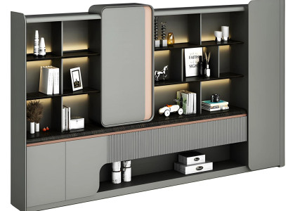 Moderna bukova miza z odprtimi policami, LED osvetlitvijo, preprosto eleganco, siva zasnova