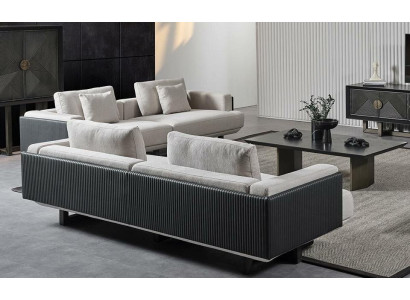 Pohištveni set v rjavi tkanini z mizo in klopmi