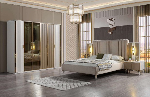 Kompletna posteljna garnitura z posteljo, 2 nočni omarici in moderno omaro, 4 kosi