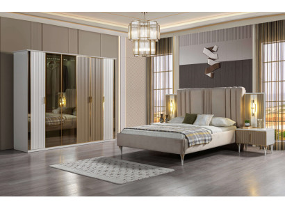 Kompletna posteljna garnitura z posteljo, 2 nočni omarici in moderno omaro, 4 kosi