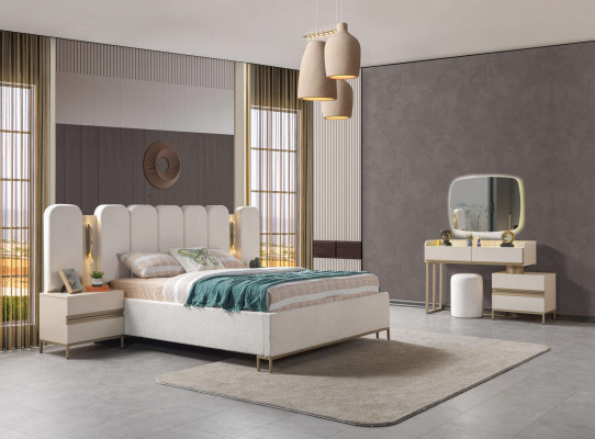 Idealen komplet za opremo spalnice, vključno s komodo, ogledalom, posteljo in nočno omarico