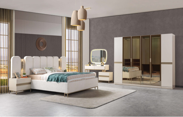 Set pohištva za moderno spalnico Koko 6 delov z posteljo, omaro in nočno omarico
