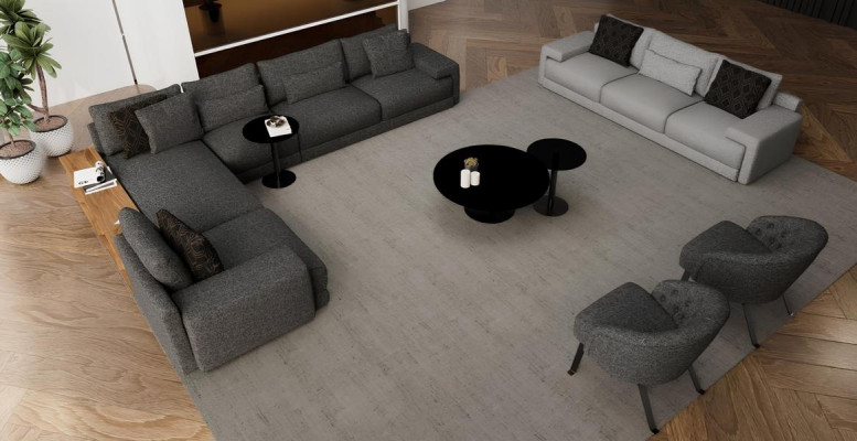 Eleganten kotni kavč z dvema foteljema, ki združuje oblikovanje in udobje