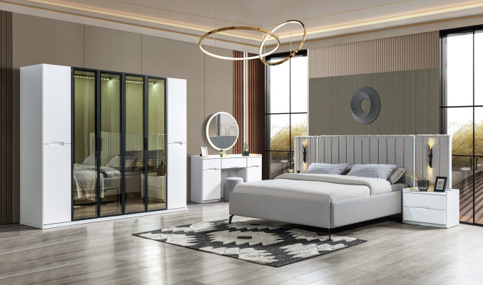 Komplet pohištva za spalnico v štirih delih: postelja, omara, nočna omarica, les 6 delov