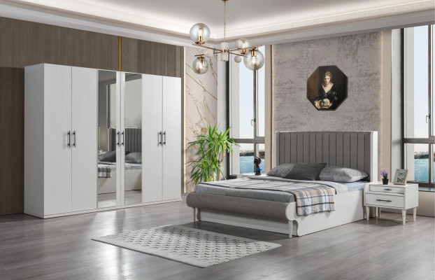 Set s 4 deli za spalnico z posteljo, omaro in nočno omarico