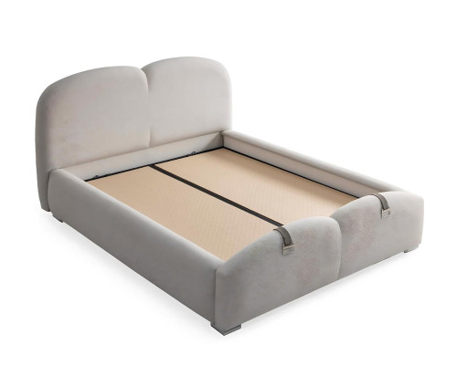 Sodobna postelja bela z oblazinjenjem in leseno vzmetnico