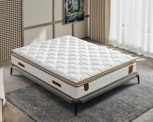 Siva postelja z blazinami iz tkanine in lesa, sodoben dizajn