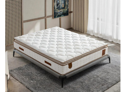 Siva postelja z blazinami iz tkanine in lesa, sodoben dizajn