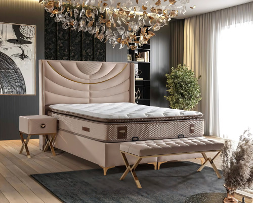 Svetla postelja z blazino iz tkanine in lesa