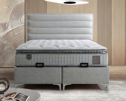 Postelja iz modernega sivega blaga z elegantno vzmetnico