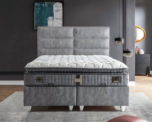 Postelja v moderni sivi tkanini z vzmetnico