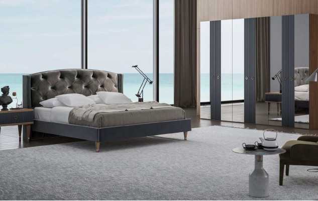 Graue Schlafzimmer Garnitur Luxus Set Doppelbett 2x Nachttische Kommode