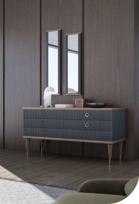 Graue Schlafzimmer Garnitur Luxus Set Doppelbett 2x Nachttische Kommode