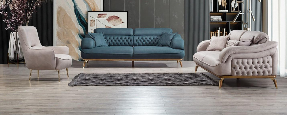 Wohnzimmer Sofa 3 Sitzer Couch Möbel Holz Blau Polster Möbel Sofa Neu