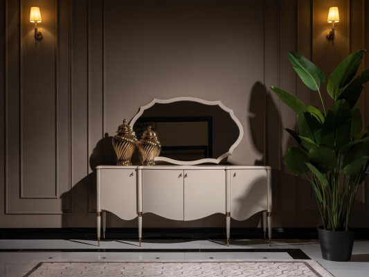 Wohnzimmer Garnitur 4tlg Sessel Beistelltisch Sideboard Spiegel Beige