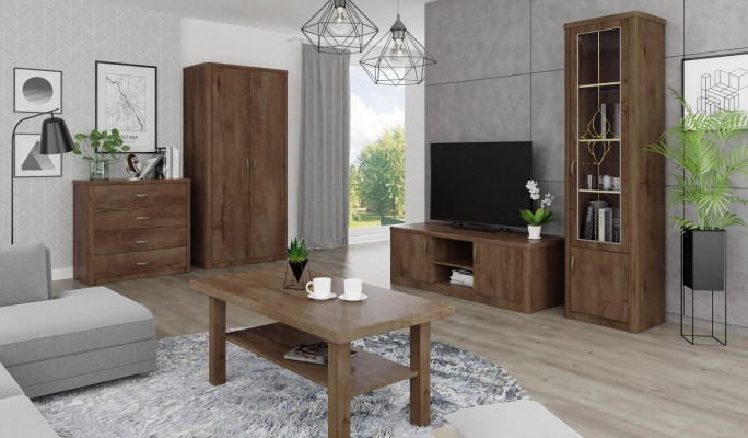 Wohnzimmer Set Vitrine TV Kommode Couchtisch Kommoden Schrank Holz Neu 5 tlg.
