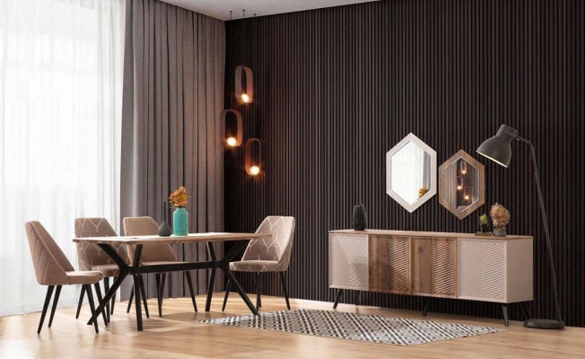 Beige Esszimmer Moderne Esszimmer Garnitur Esstisch Anrichte 2x Spiegel